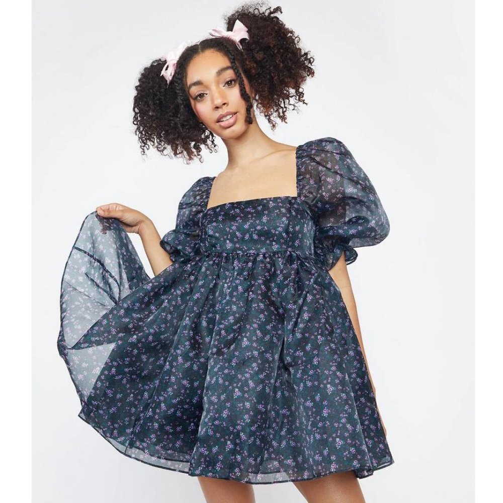 Selkie The Puff Mini Dress Black Floral XS